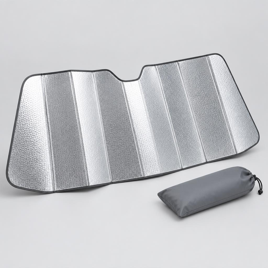 Folded reflective windshield sunshade with storage pouch for Tesla Model X